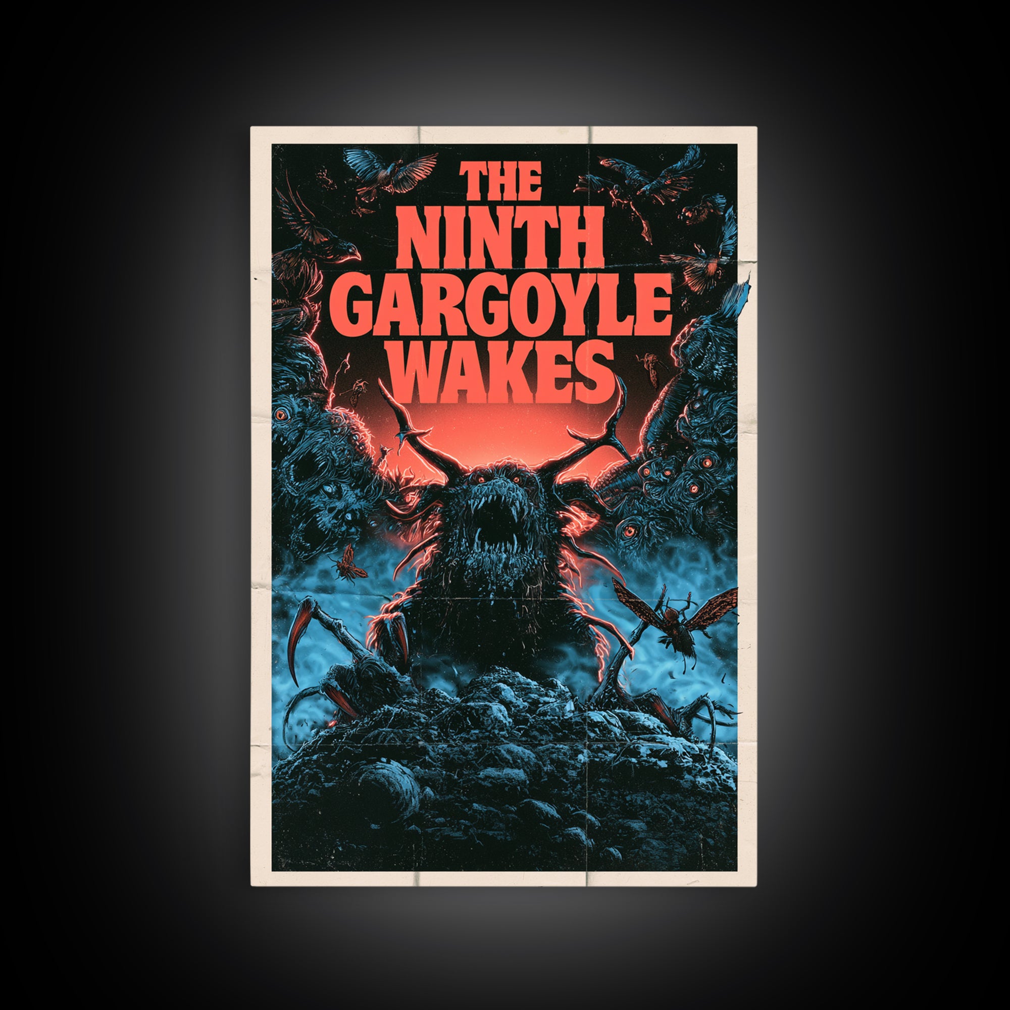 The Ninth Gargoyle Wakes, English Language Horror Movie Poster, 1980s Vhs Nightmare Cover Inspired Art, Classic Monster Poster