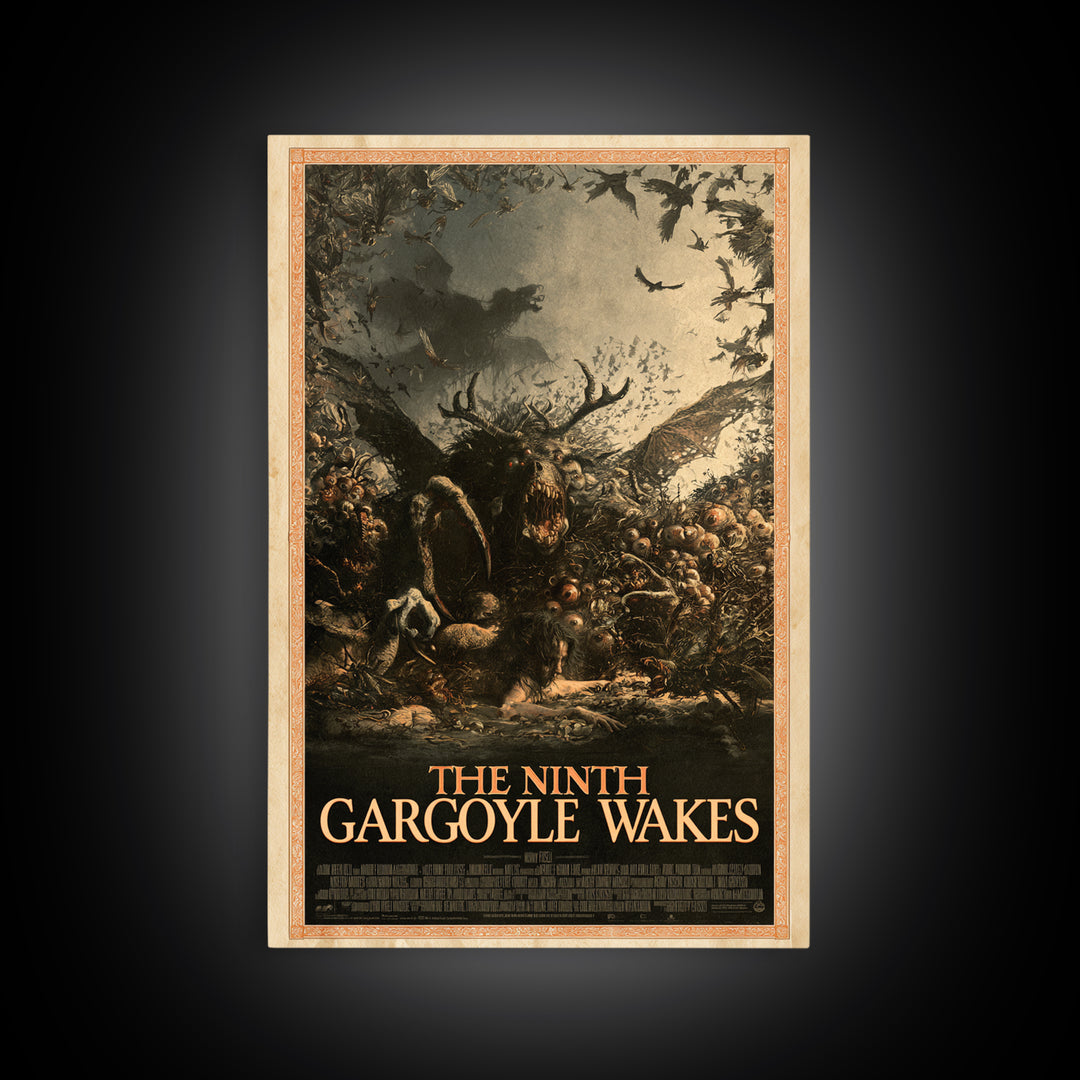 The Ninth Gargoyle Wakes, English Language Horror Movie Poster, Gothic Nightmare Art, Classic Monster Poster, Canvas Print