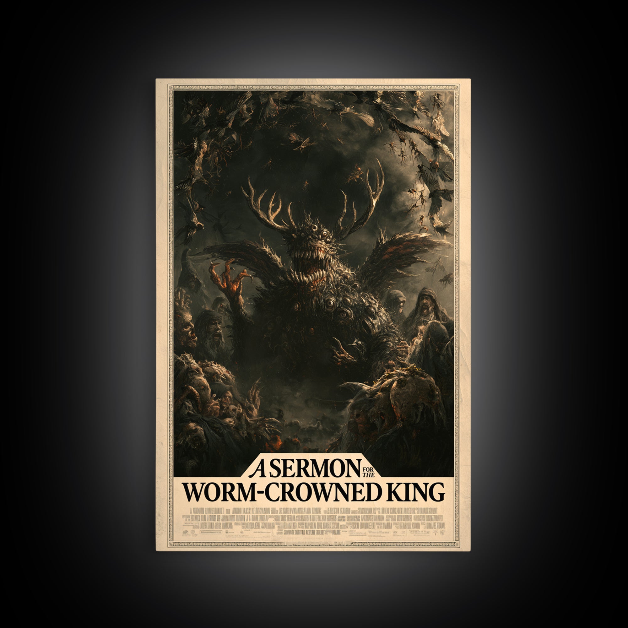 A Sermon For The Worm-Crowned King, English Language Horror Movie Poster, Dark Romantic Horror Art, Retro Horror Movie Art