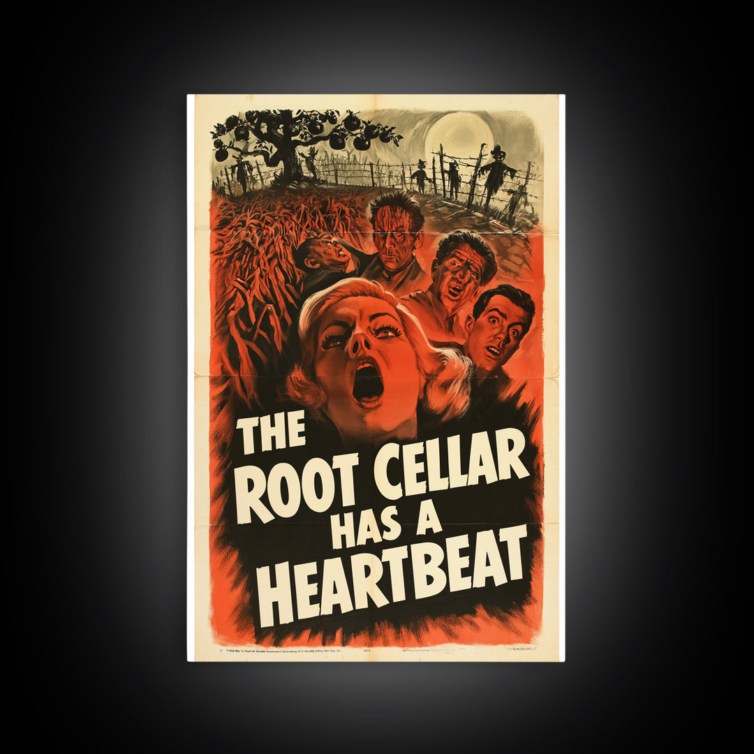 The Root Cellar Has A Heartbeat, English Language Horror Movie Poster, 1950s Creature-Feature One-Sheet Inspired Art, Gothic Cinema Wall Art