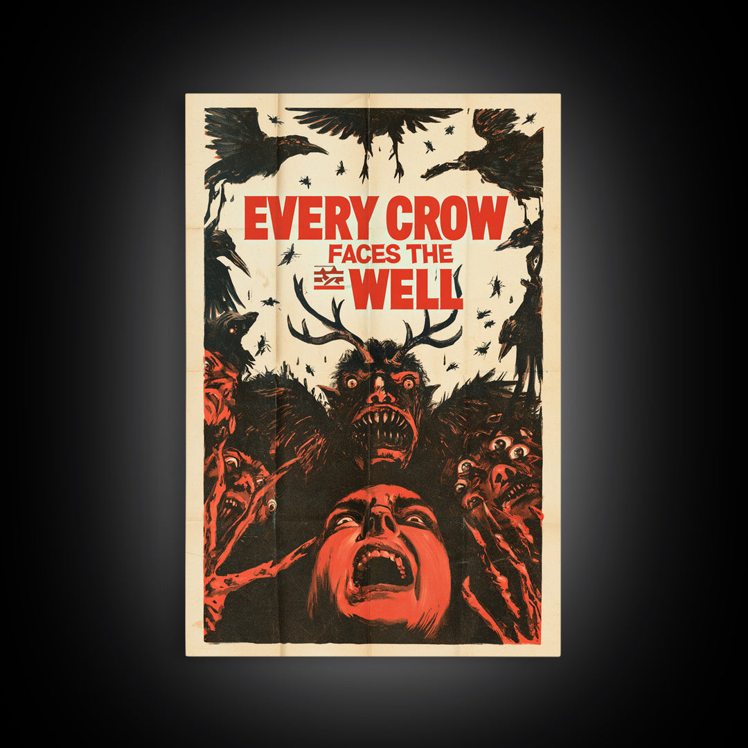 Every Crow Faces The Well, English Language Horror Movie Poster, 1950s Creature-Feature One-Sheet Inspired Art, Classic Monster Poster