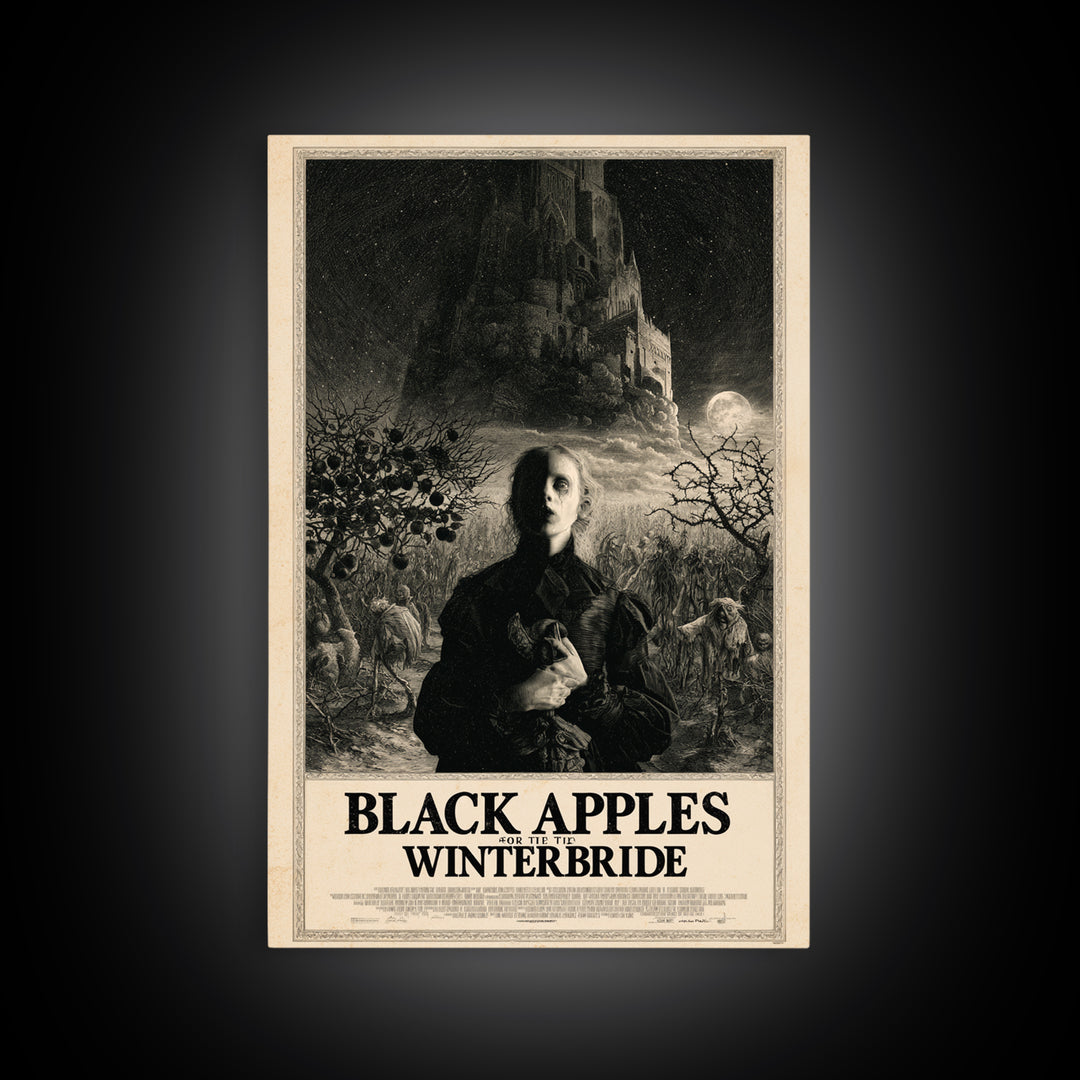 Black Apples For The Winter Bride, English Language Horror Movie Poster, Gothic Engraving Art, Retro Horror Movie Art