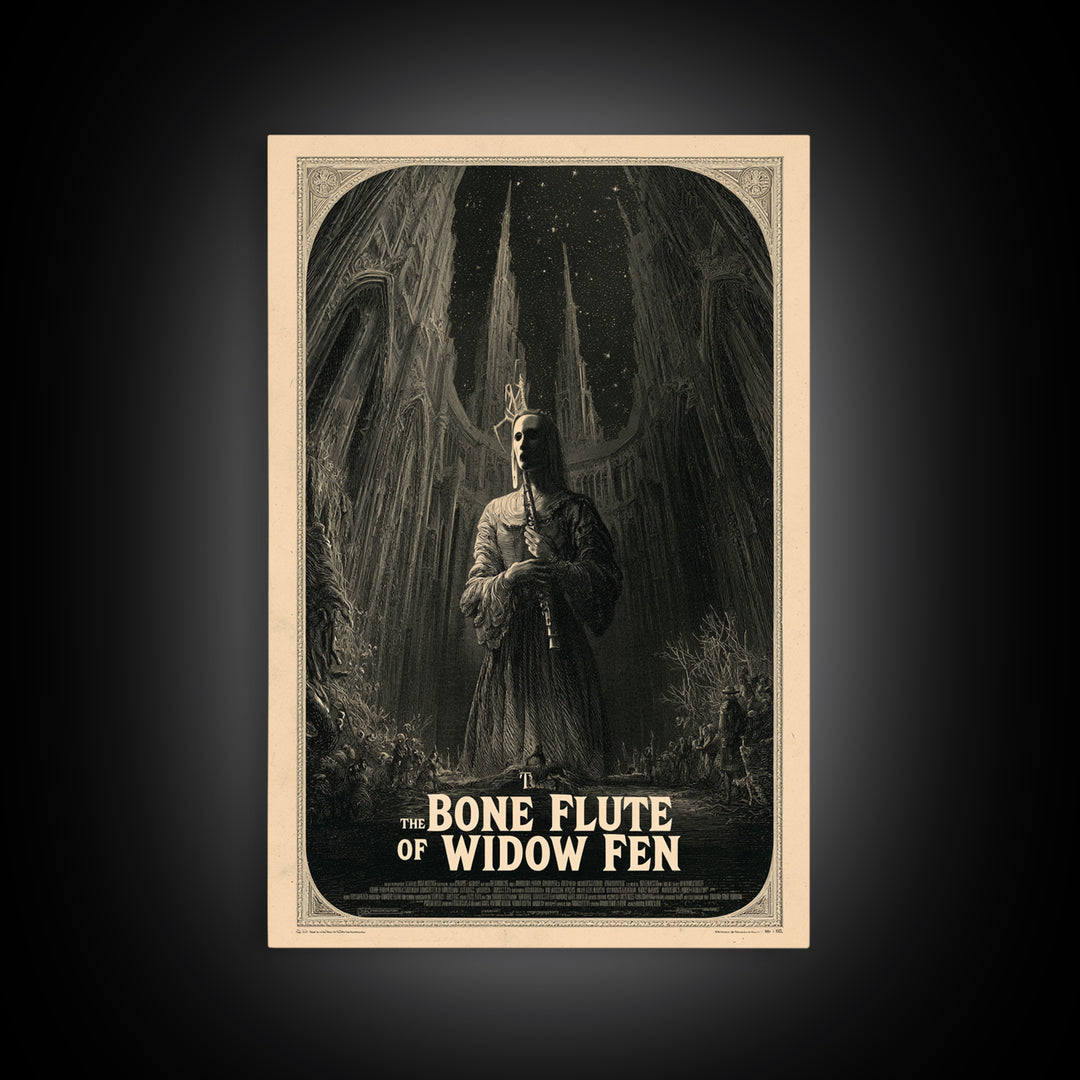 The Bone Flute Of Widow Fen, English Language Horror Movie Poster, Gothic Engraving Art, Classic Monster Poster, Canvas Print