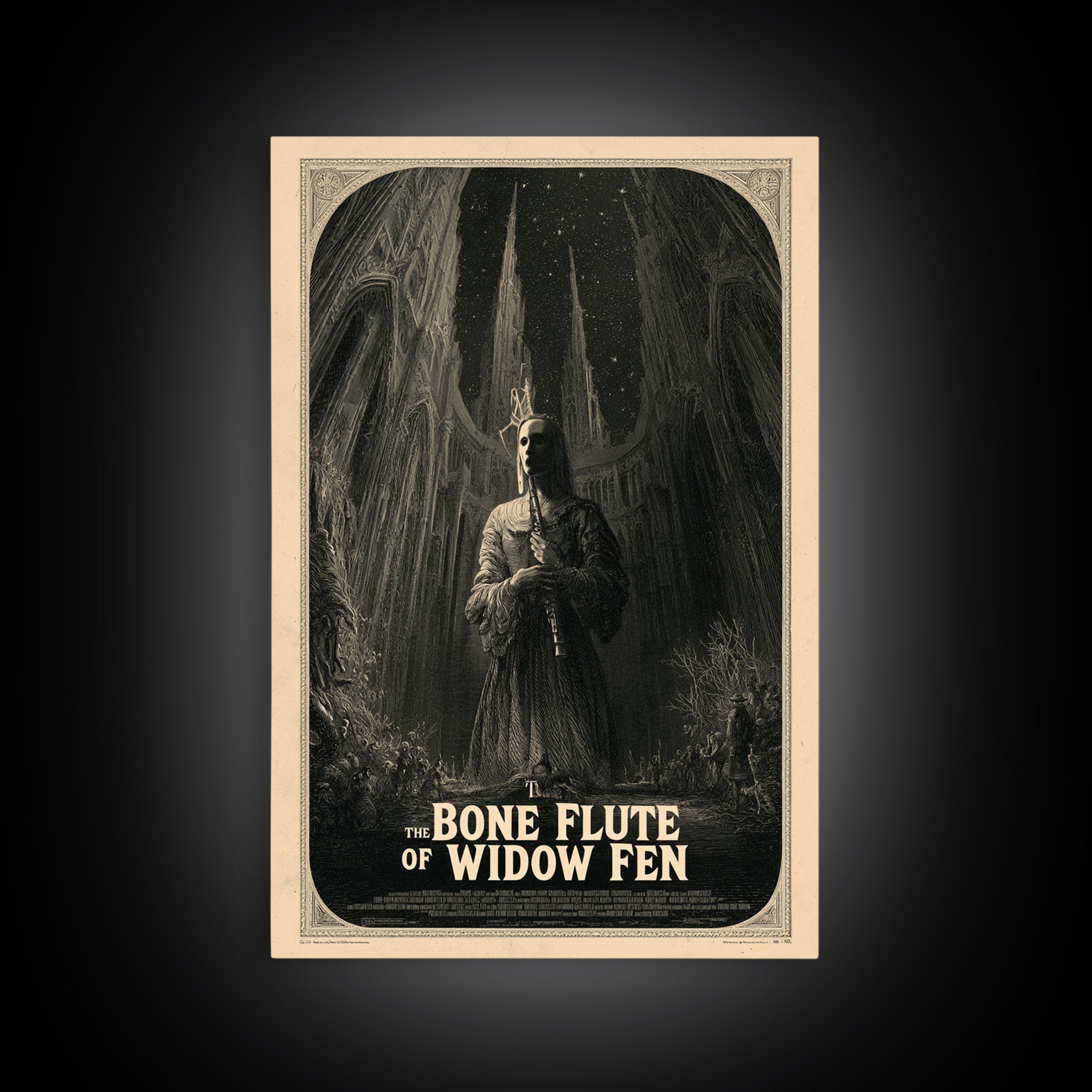 The Bone Flute Of Widow Fen, English Language Horror Movie Poster, Gothic Engraving Art, Classic Monster Poster, Canvas Print