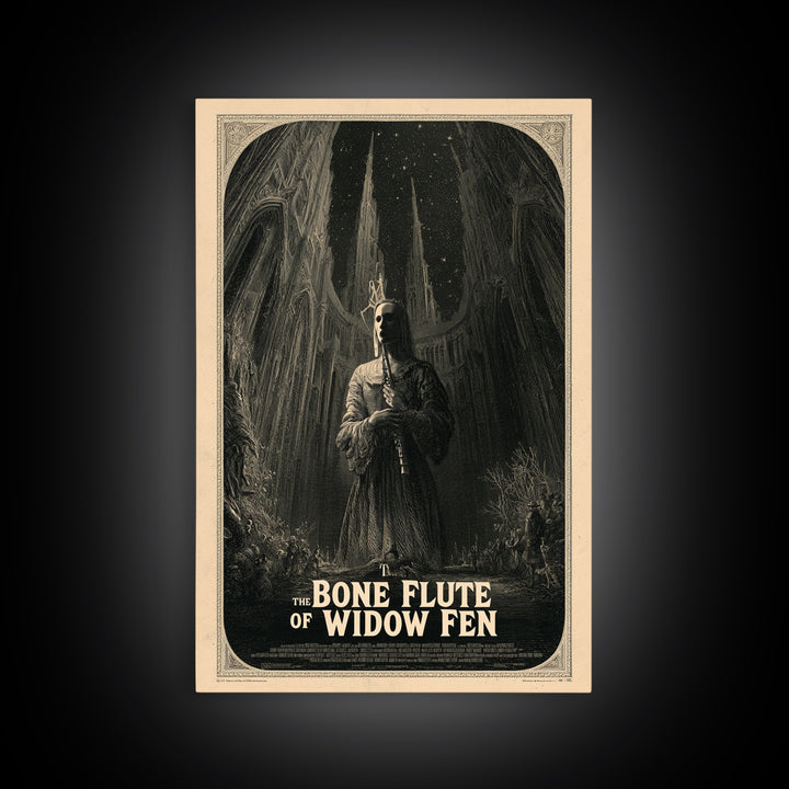 The Bone Flute Of Widow Fen, English Language Horror Movie Poster, Gothic Engraving Art, Classic Monster Poster, Canvas Print