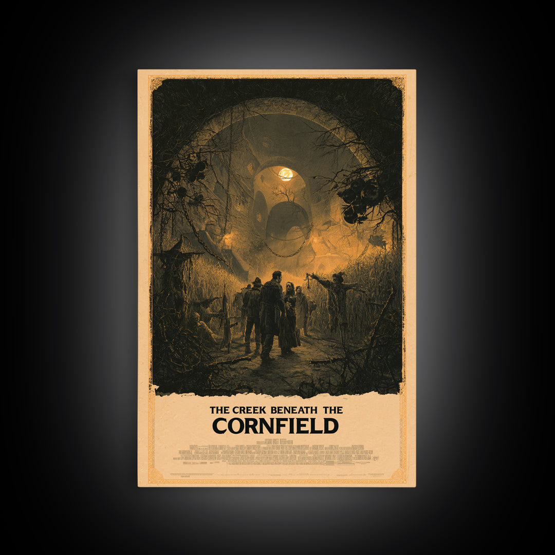 The Creek Beneath The Cornfield, English Language Horror Movie Poster, Architectural Etching Art, Classic Monster Poster