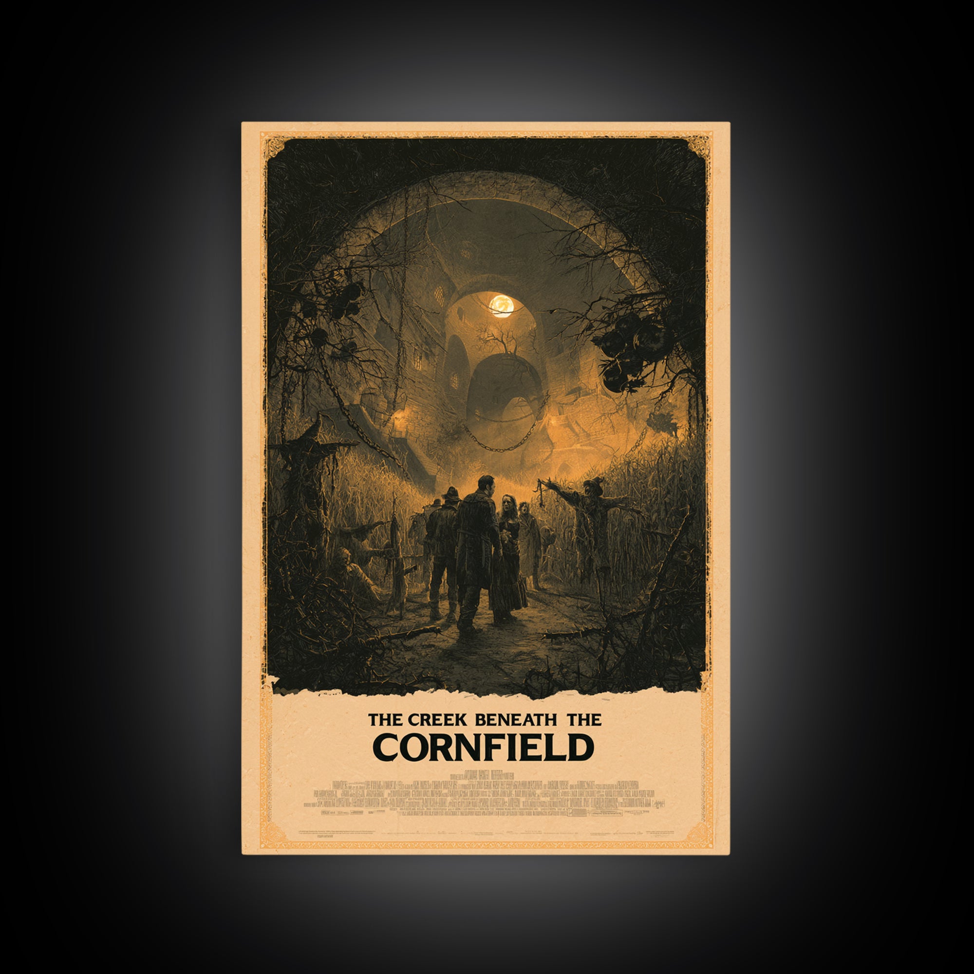 The Creek Beneath The Cornfield, English Language Horror Movie Poster, Architectural Etching Art, Classic Monster Poster