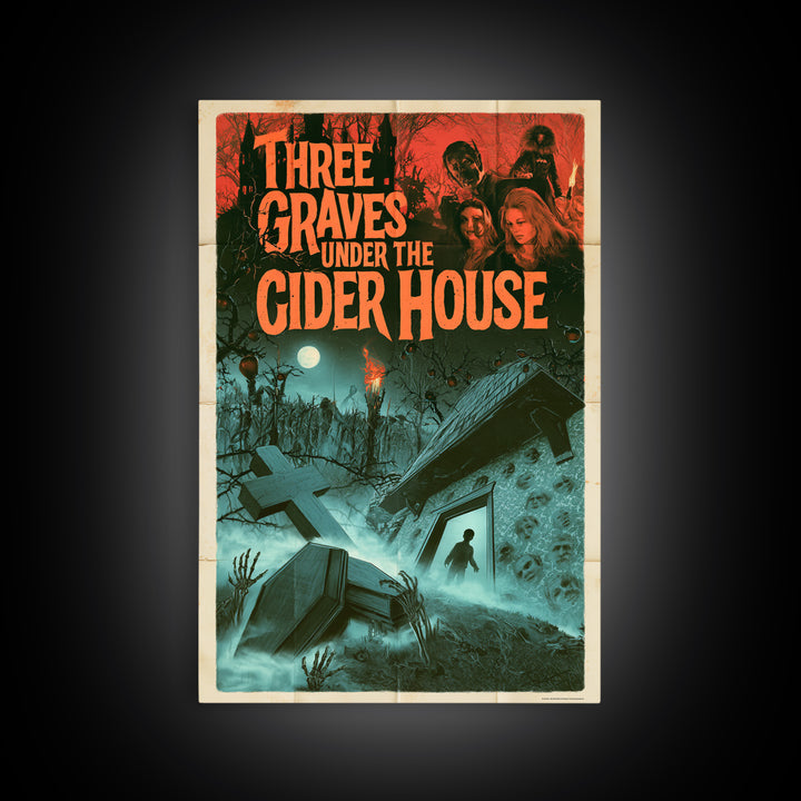Three Graves Under The Cider House, English Language Horror Movie Poster, 1960s Horror Art, Gothic Cinema Wall Art, Framed Canvas Print