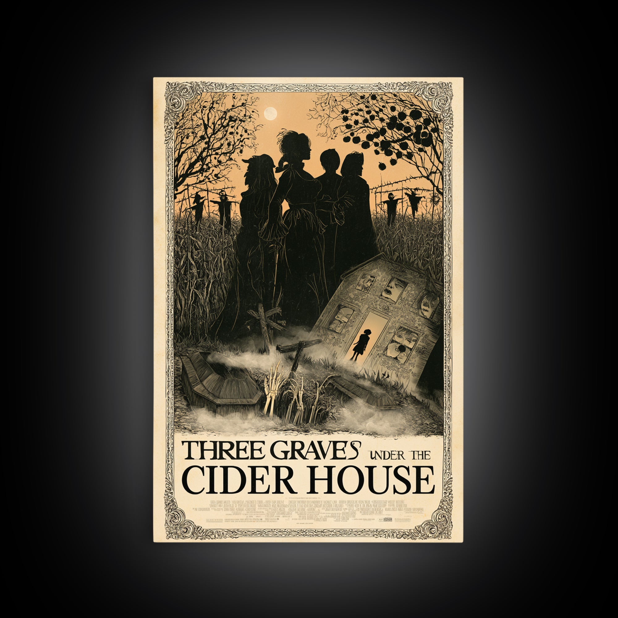 Three Graves Under The Cider House, English Language Horror Movie Poster, Decadent Line Art, Gothic Cinema Wall Art