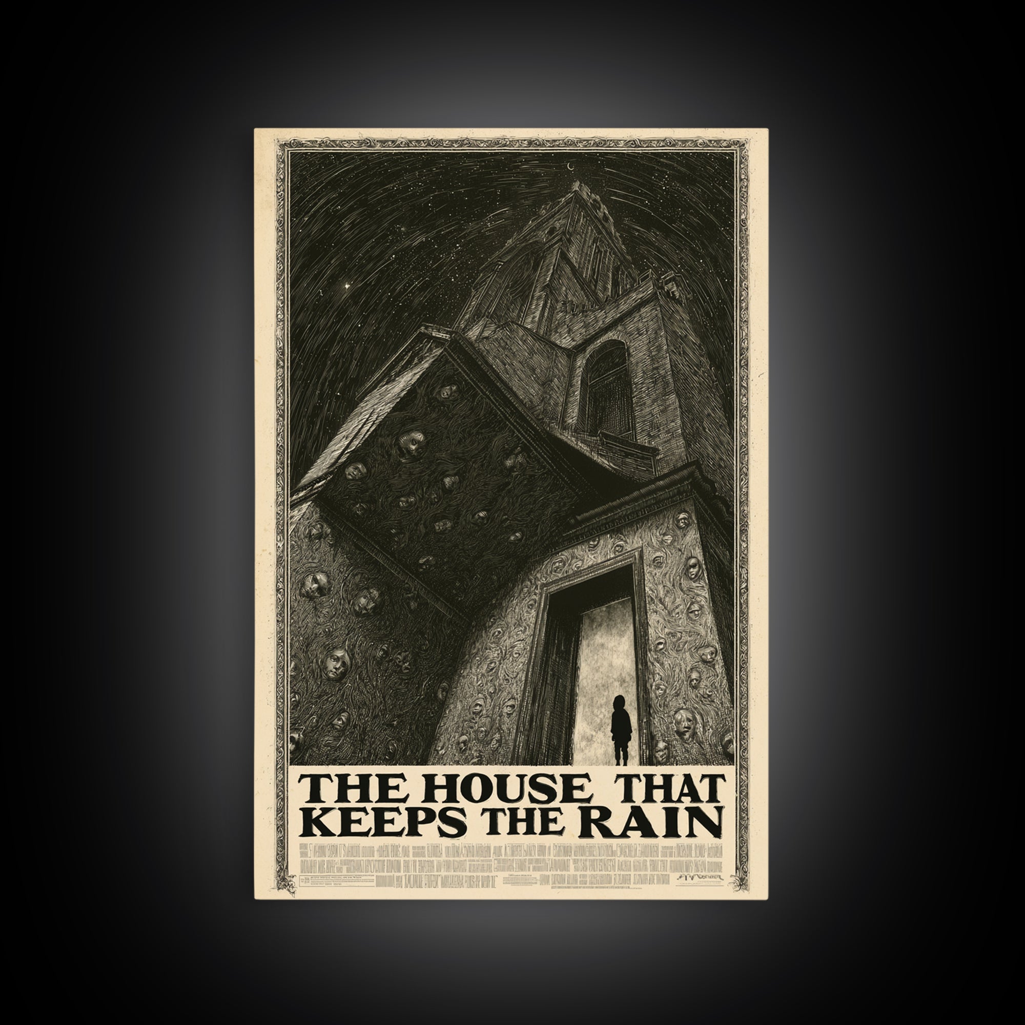The House That Keeps The Rain, English Language Horror Movie Poster, Gothic Engraving Art, Retro Horror Movie Art, Framed Canvas Print