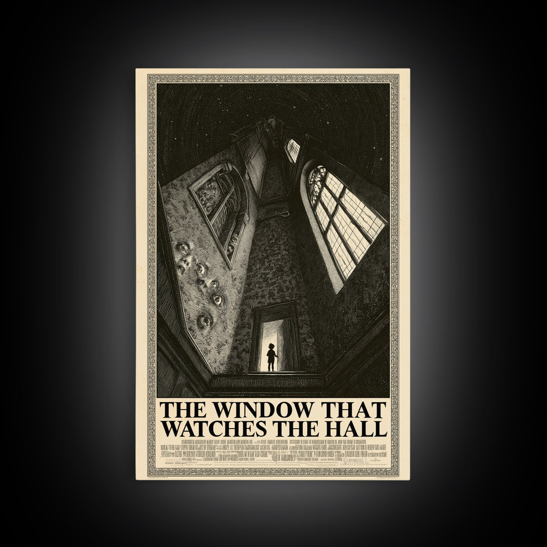 The Window That Watches The Hall, English Language Horror Movie Poster, Gothic Engraving Art, Cult Horror Poster, Framed Canvas Print