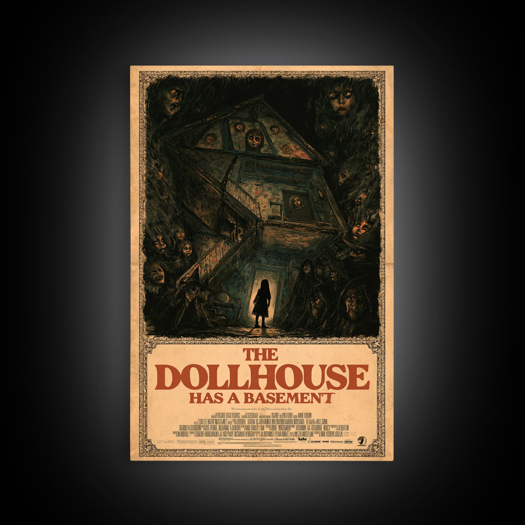 The Dollhouse Has A Basement, English Language Horror Movie Poster, Dark Romantic Horror Art, Retro Horror Movie Art, Framed Canvas Print