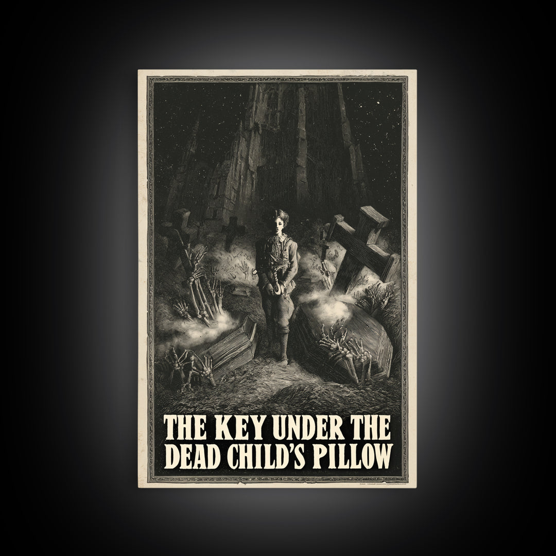 The Key Under The Dead Child'S Pillow, English Language Horror Movie Poster, Gothic Engraving Art, Retro Horror Movie Art, Canvas Print