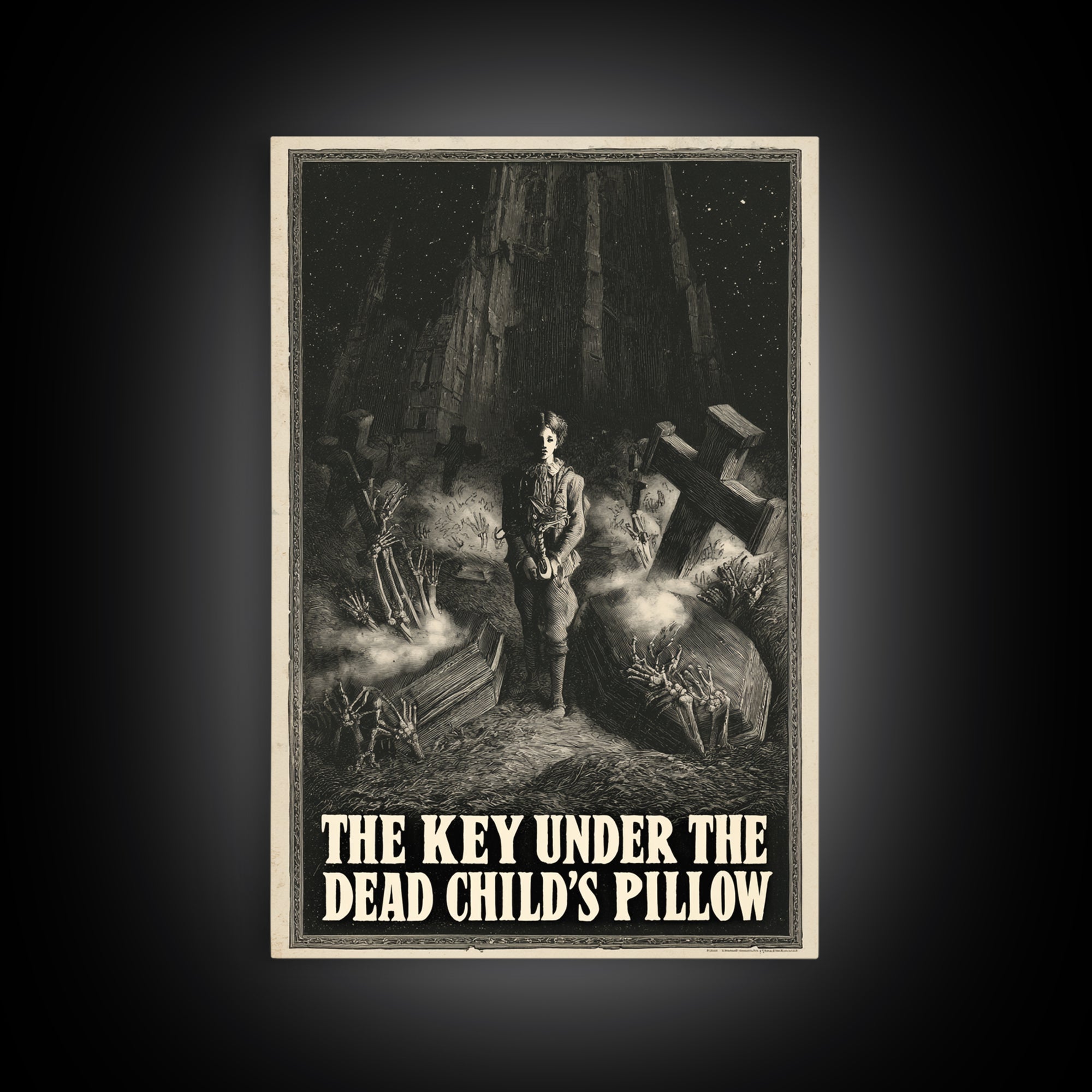 The Key Under The Dead Child'S Pillow, English Language Horror Movie Poster, Gothic Engraving Art, Retro Horror Movie Art, Canvas Print