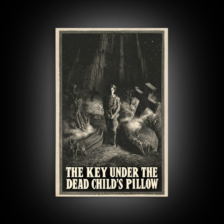 The Key Under The Dead Child'S Pillow, English Language Horror Movie Poster, Gothic Engraving Art, Retro Horror Movie Art, Canvas Print