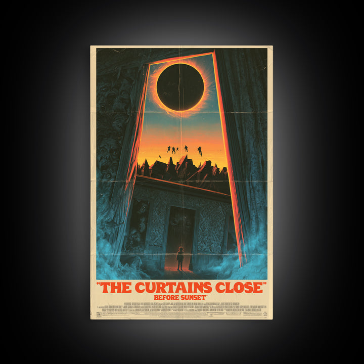 The Curtains Close Before Sunset, English Language Horror Movie Poster, 1980s Vhs Nightmare Cover Inspired Art, Cult Horror Poster