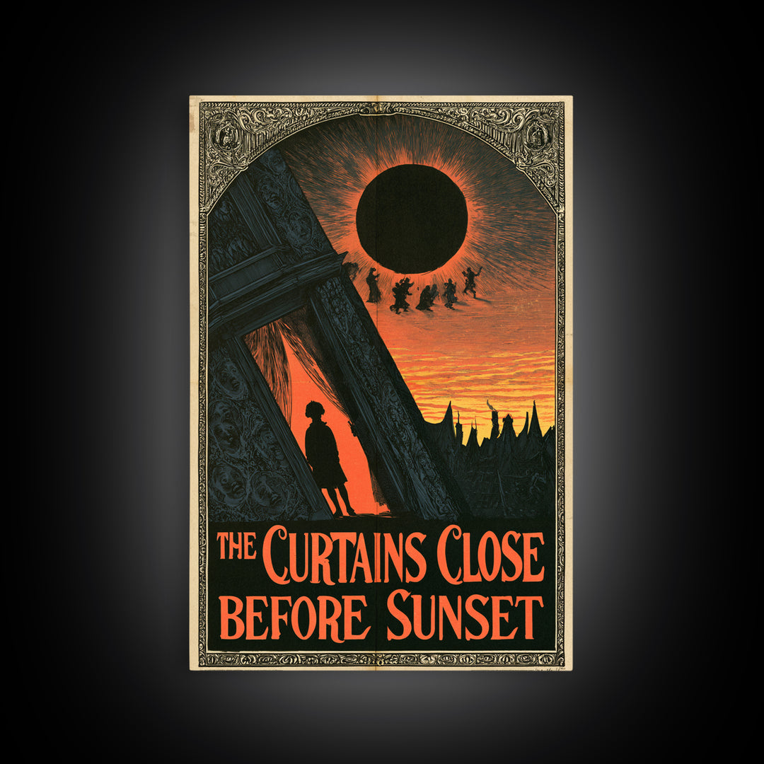 The Curtains Close Before Sunset, English Language Horror Movie Poster, Decadent Line Art, Retro Horror Movie Art, Canvas Print