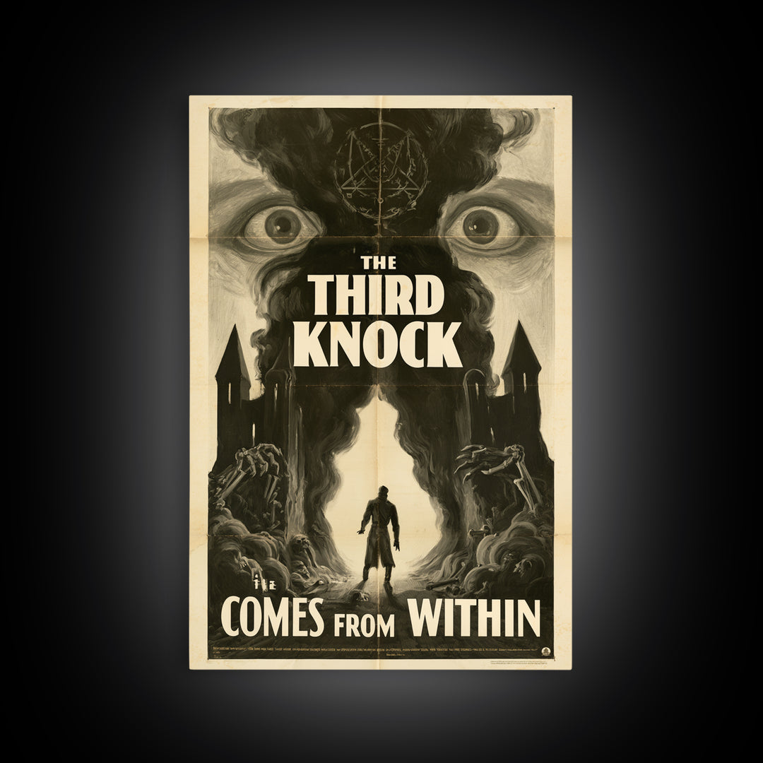 The Third Knock Comes From Within, English Language Horror Movie Poster, 1930s Horror Art, Gothic Cinema Wall Art, Framed Canvas Print