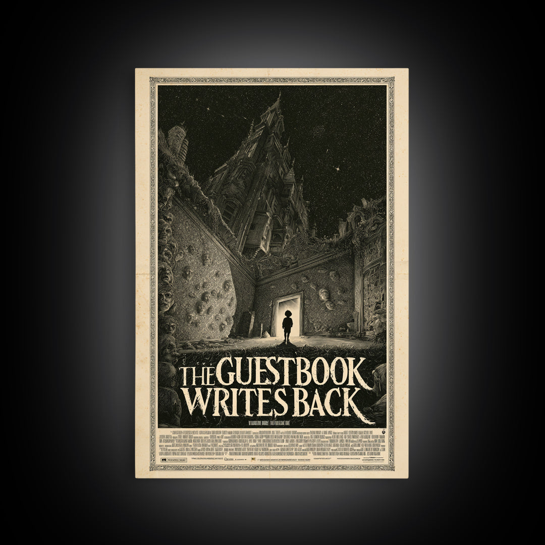The Guestbook Writes Back, English Language Horror Movie Poster, Gothic Engraving Art, Gothic Cinema Wall Art, Framed Canvas Print