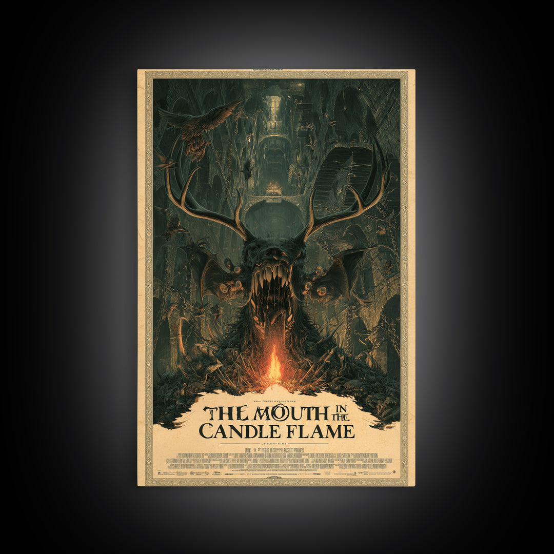 The Mouth In The Candle Flame, English Language Horror Movie Poster, Architectural Etching Art, Retro Horror Movie Art