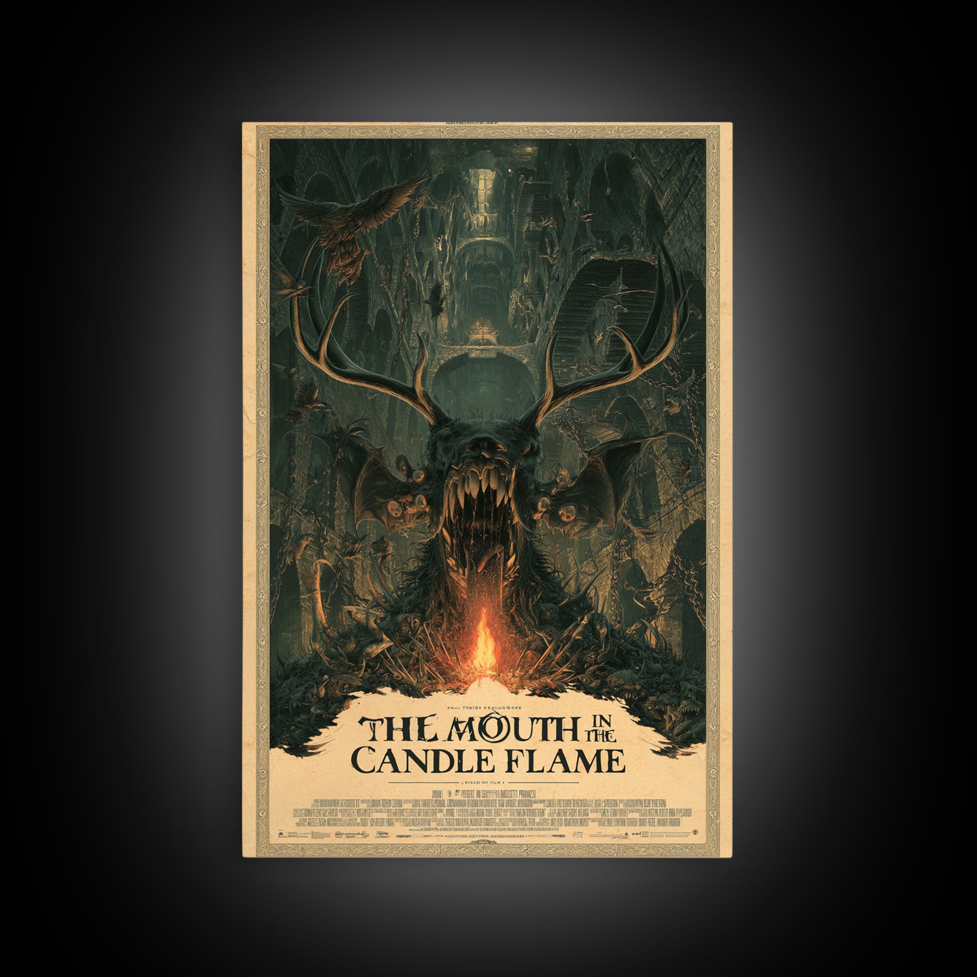 The Mouth In The Candle Flame, English Language Horror Movie Poster, Architectural Etching Art, Retro Horror Movie Art