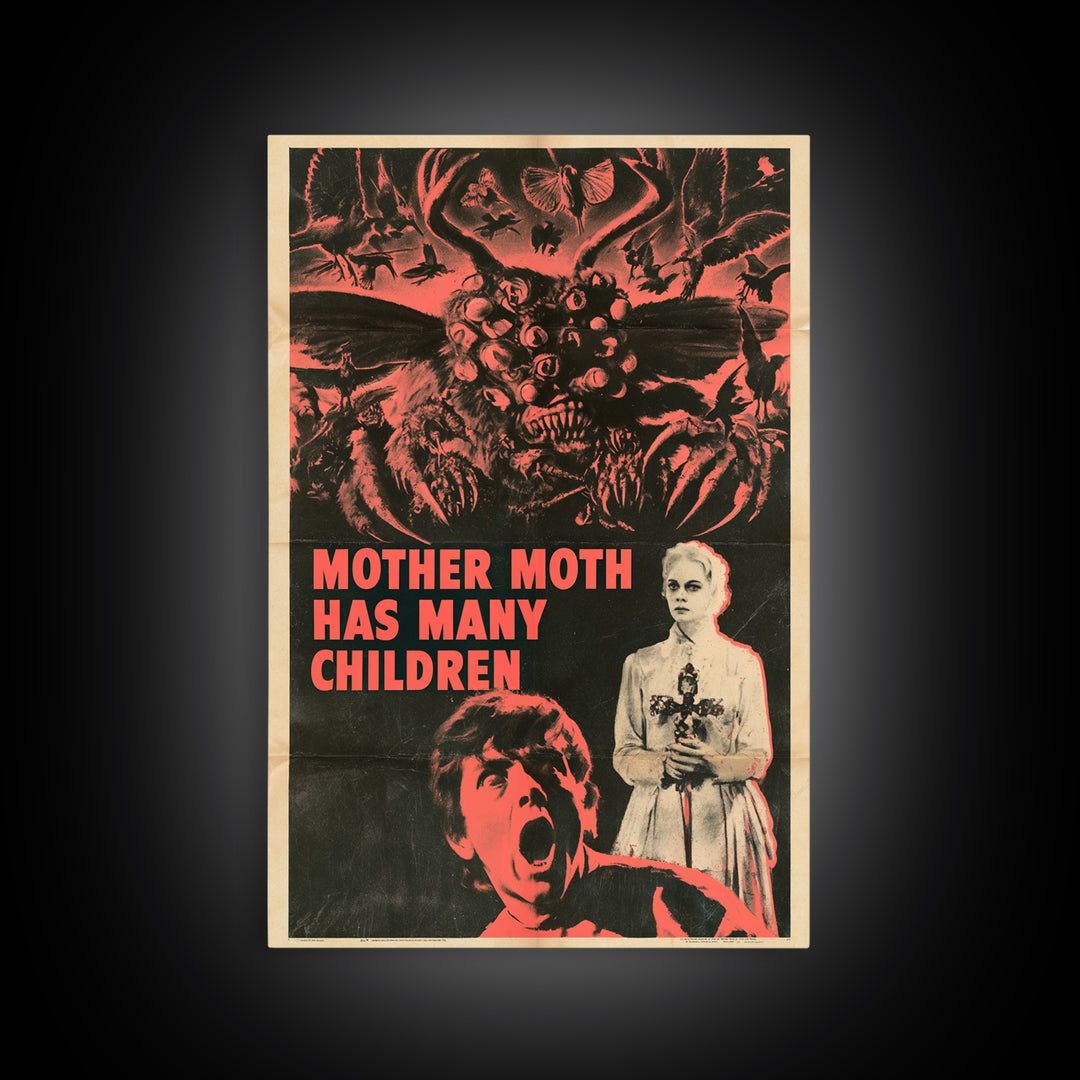 Mother Moth Has Many Children, English Language Horror Movie Poster, 1950s Creature-Feature One-Sheet Inspired Art, Gothic Cinema Wall Art