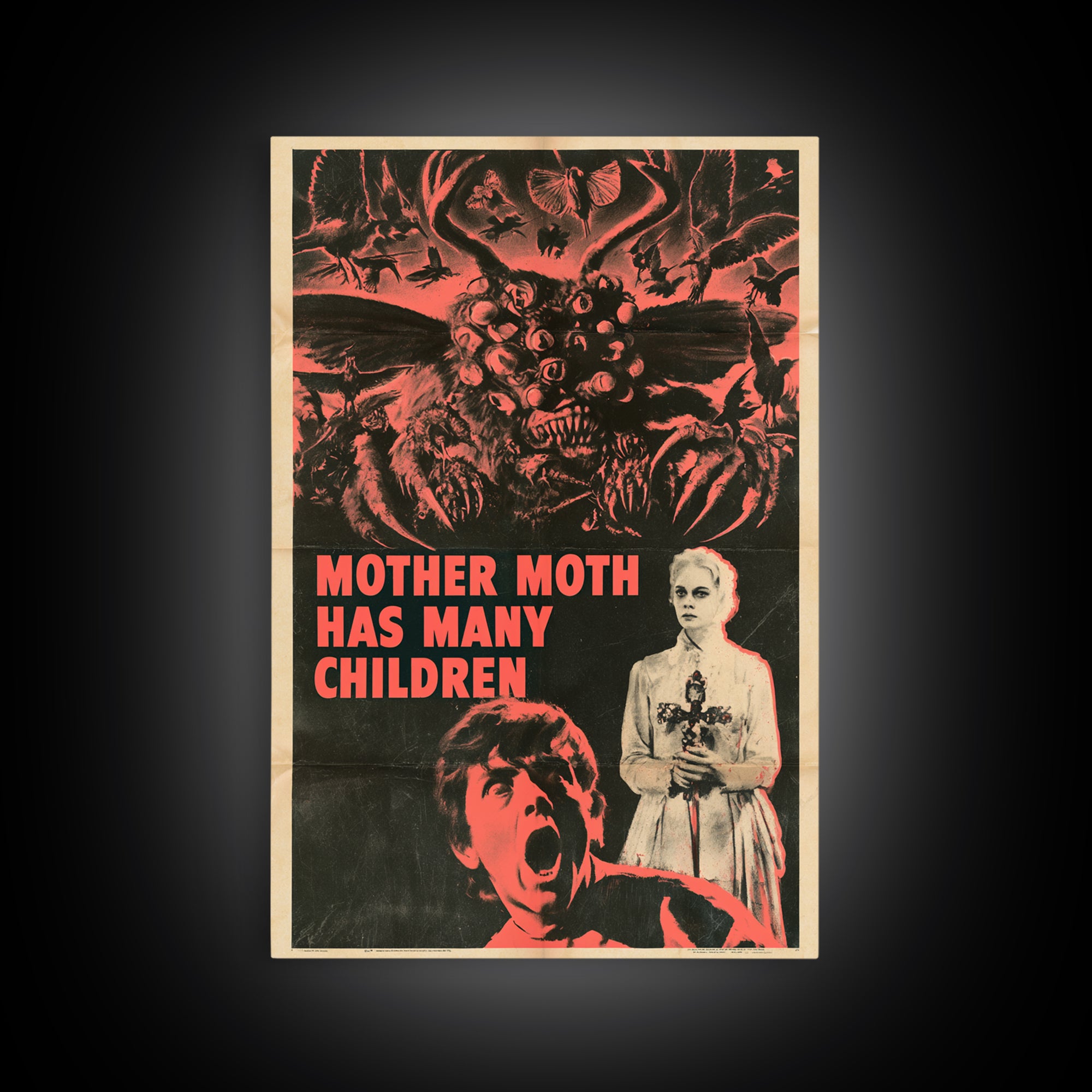 Mother Moth Has Many Children, English Language Horror Movie Poster, 1950s Creature-Feature One-Sheet Inspired Art, Gothic Cinema Wall Art