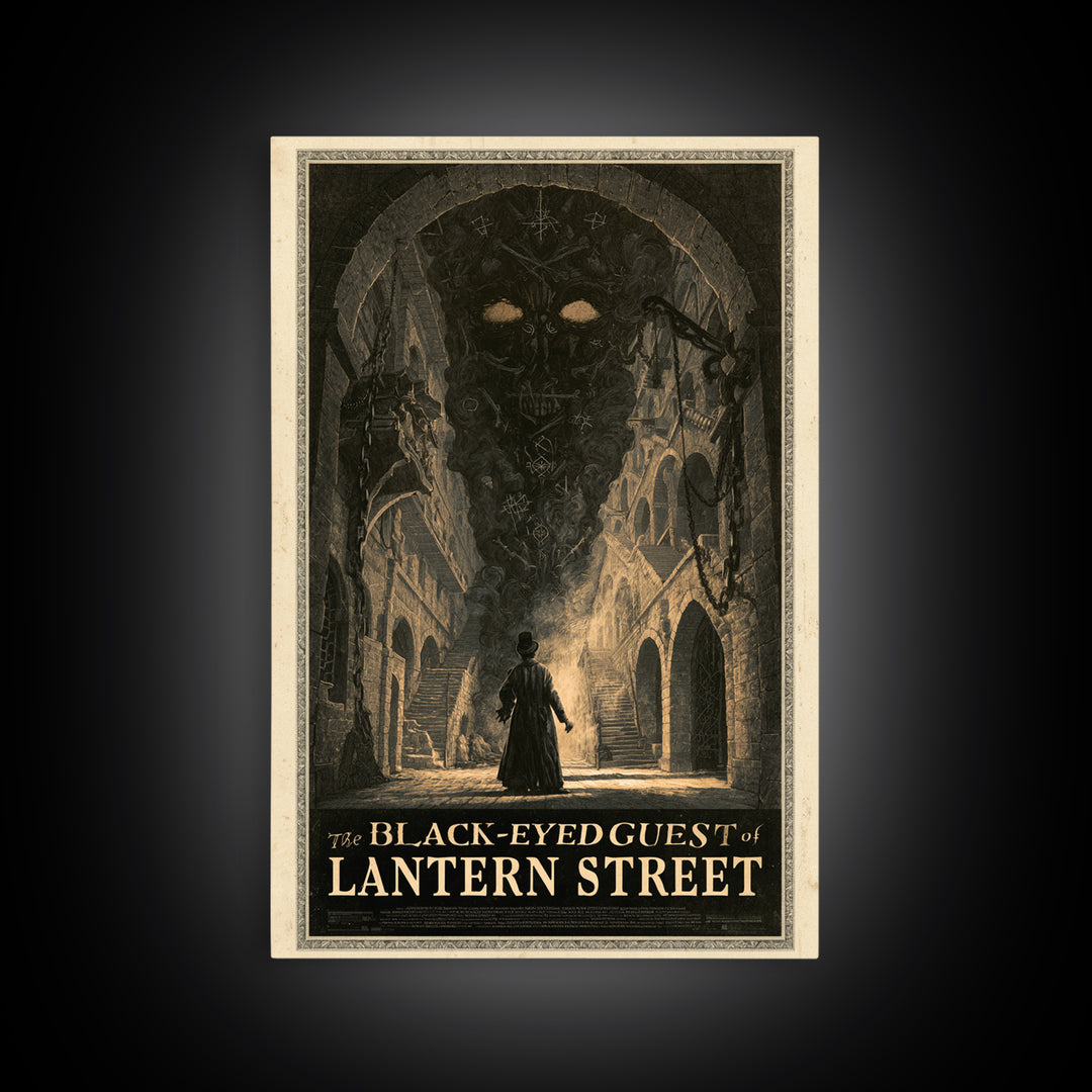 The Black-Eyed Guest Of Lantern Street, English Language Horror Movie Poster, Architectural Etching Art, Framed Canvas Print