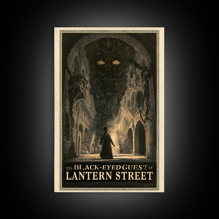 The Black-Eyed Guest Of Lantern Street, English Language Horror Movie Poster, Architectural Etching Art, Framed Canvas Print