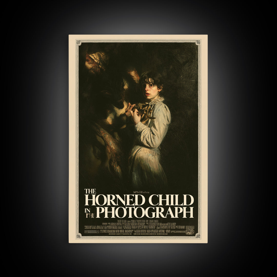 The Horned Child In The Photograph, English Language Horror Movie Poster, Gothic Nightmare Art, Gothic Cinema Wall Art, Canvas Print