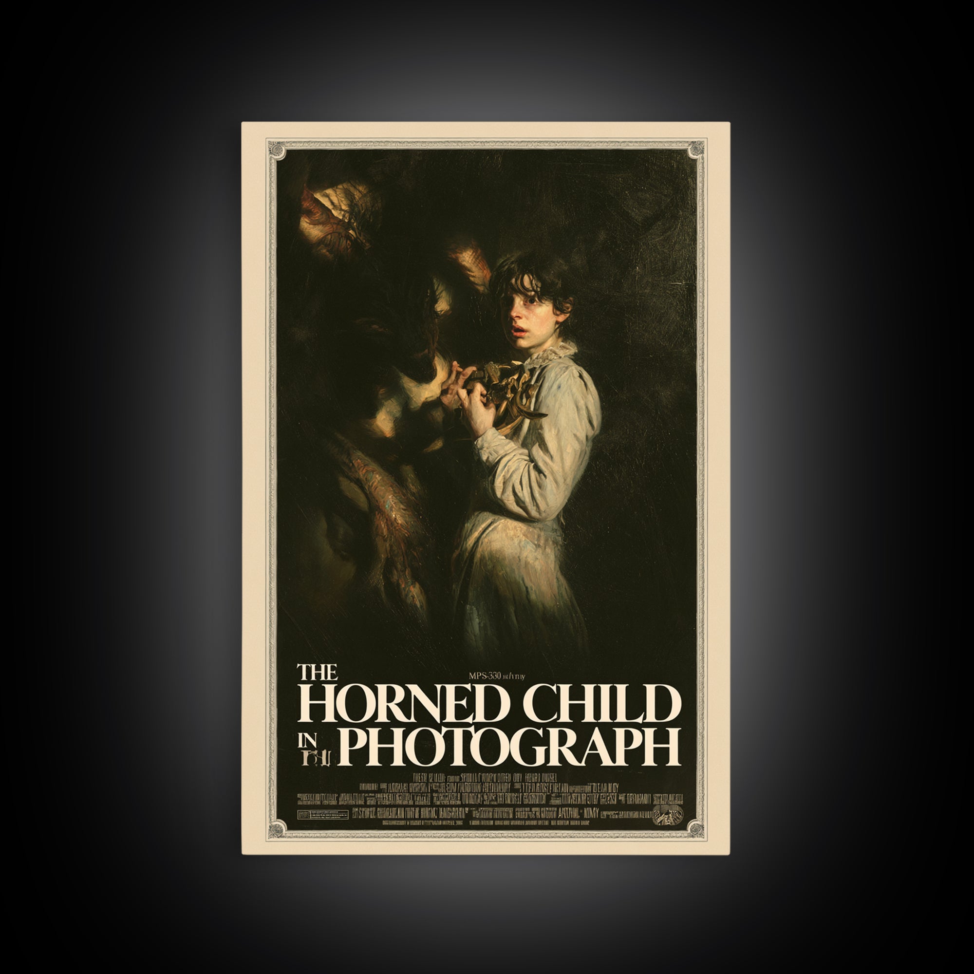 The Horned Child In The Photograph, English Language Horror Movie Poster, Gothic Nightmare Art, Gothic Cinema Wall Art, Canvas Print