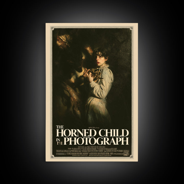 The Horned Child In The Photograph, English Language Horror Movie Poster, Gothic Nightmare Art, Gothic Cinema Wall Art, Canvas Print