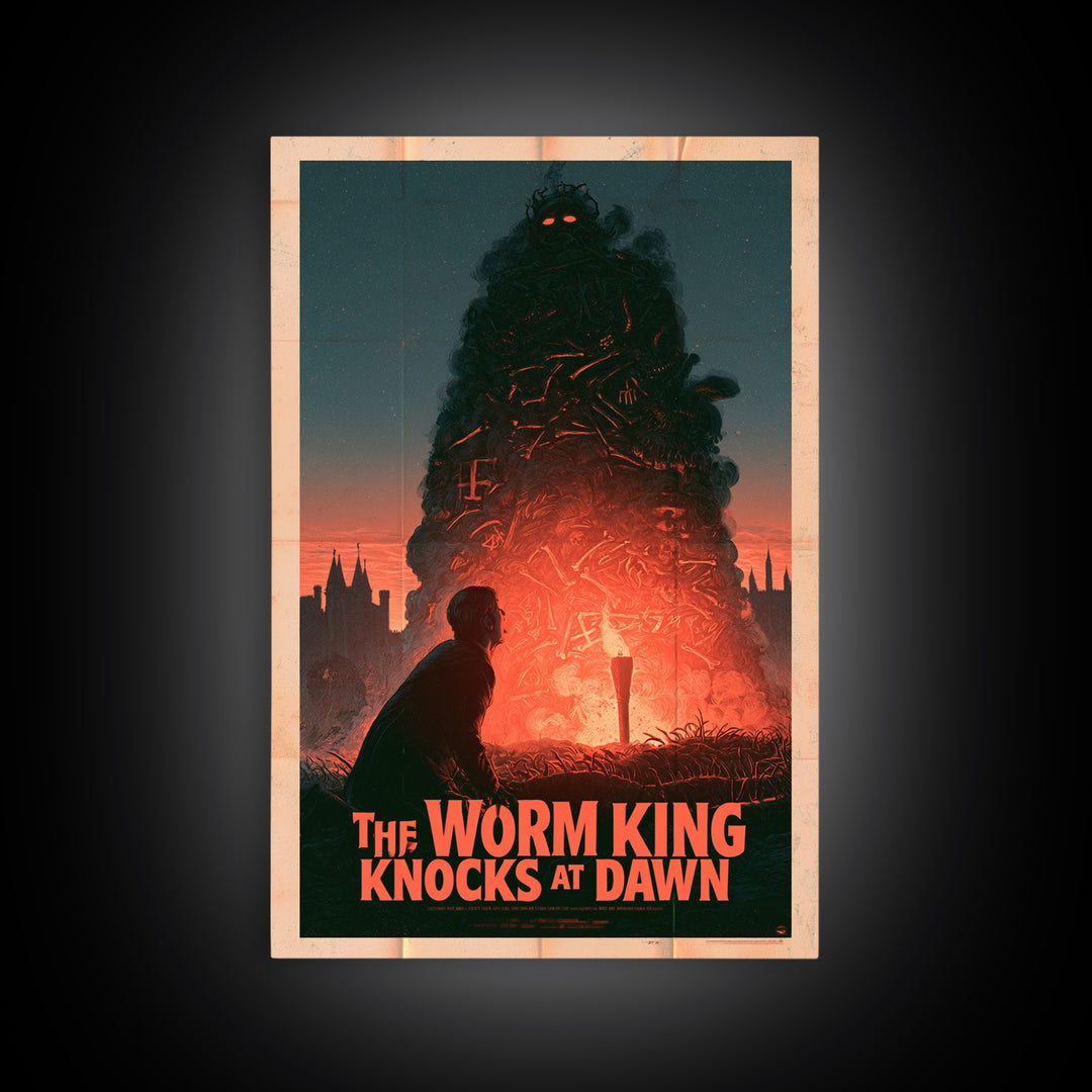 The Worm King Knocks At Dawn, English Language Horror Movie Poster, 1960s Horror Art, Classic Monster Poster, Framed Canvas Print