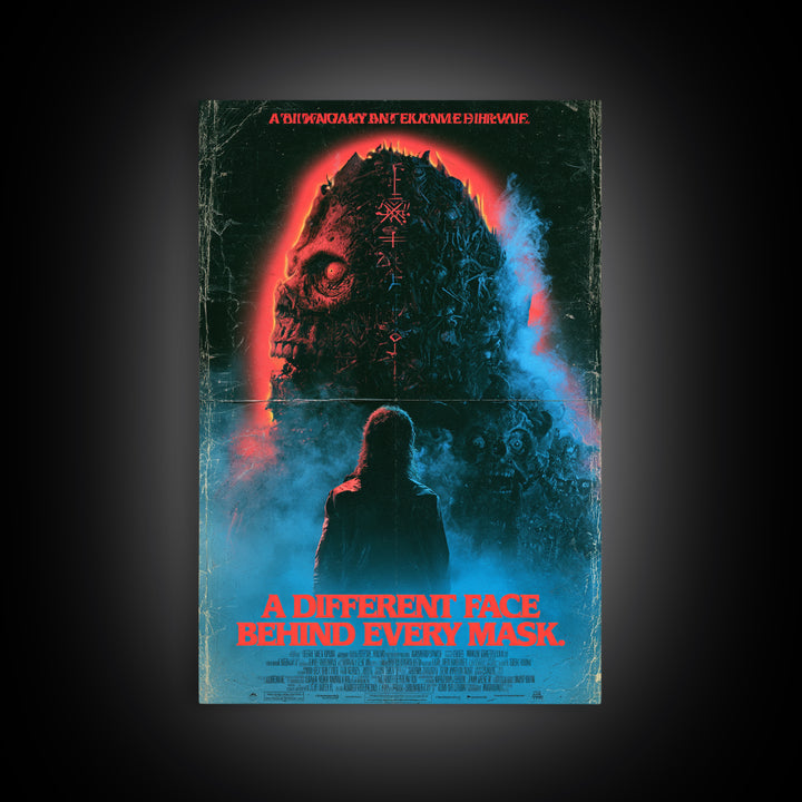 A Different Face Behind Every Mask, English Language Horror Movie Poster, 1980s Vhs Nightmare Cover Inspired Art, Classic Monster Poster