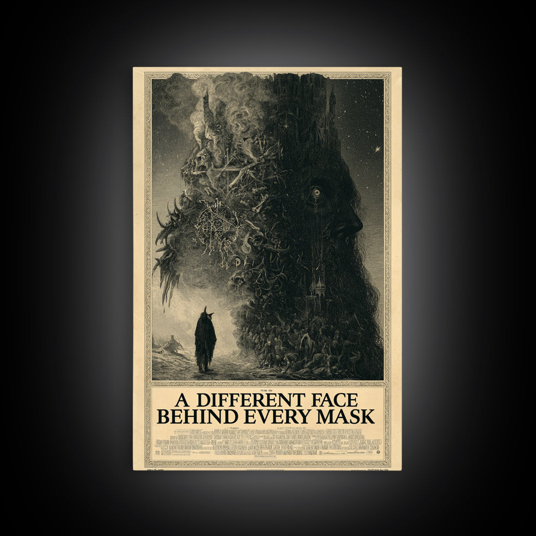 A Different Face Behind Every Mask, English Language Horror Movie Poster, Gothic Engraving Art, Gothic Cinema Wall Art