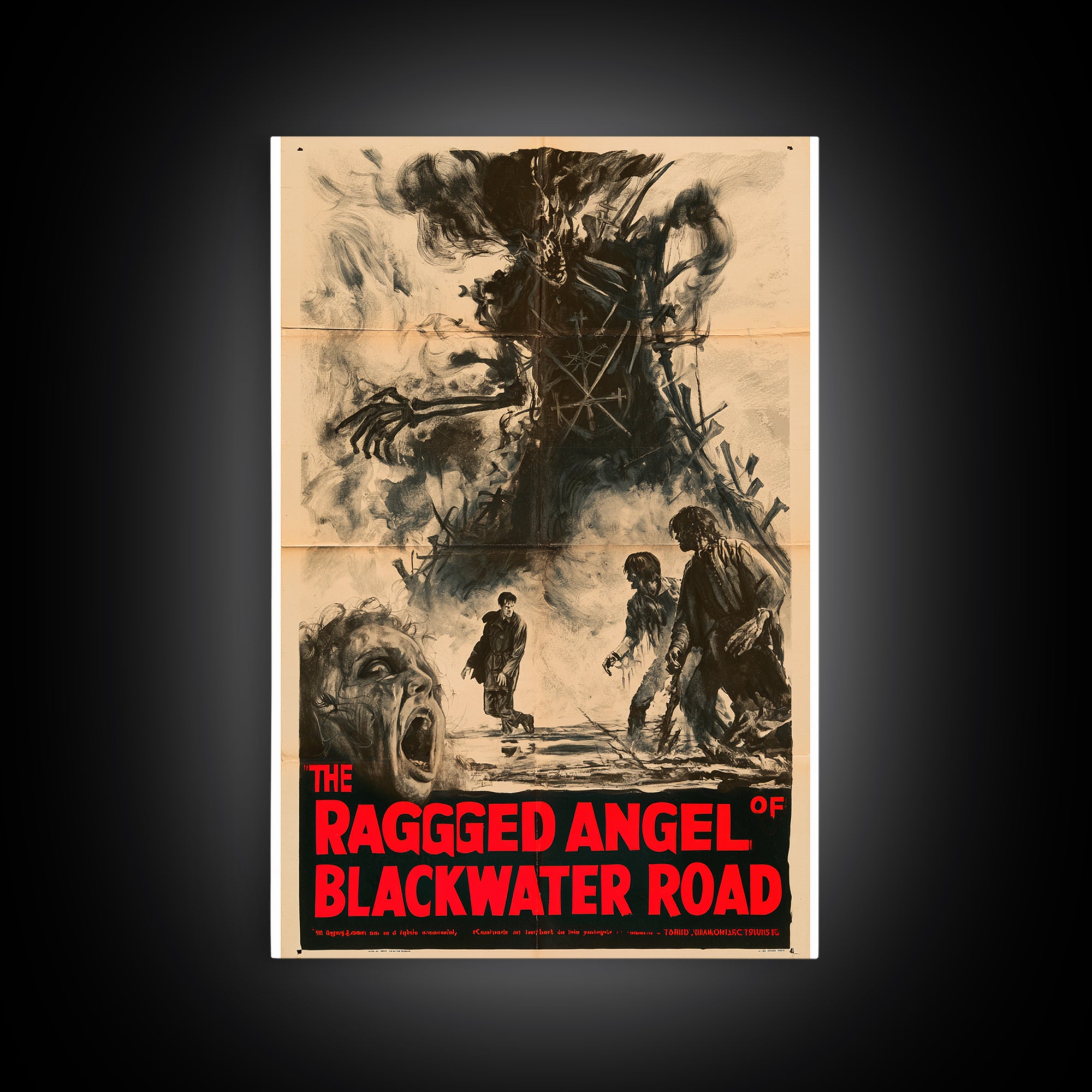 The Ragged Angel Of Blackwater Road, English Language Horror Movie Poster, 1950s Creature-Feature One-Sheet Inspired Art, Cult Horror Poster