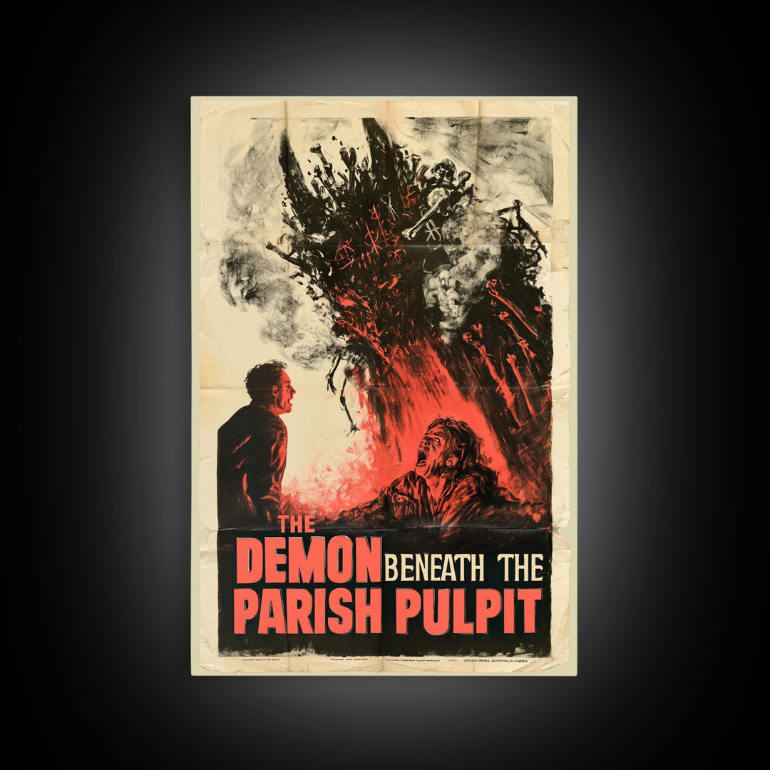 The Demon Beneath The Parish Pulpit, English Language Horror Movie Poster, 1950s Creature-Feature One-Sheet Inspired Art, Canvas Print