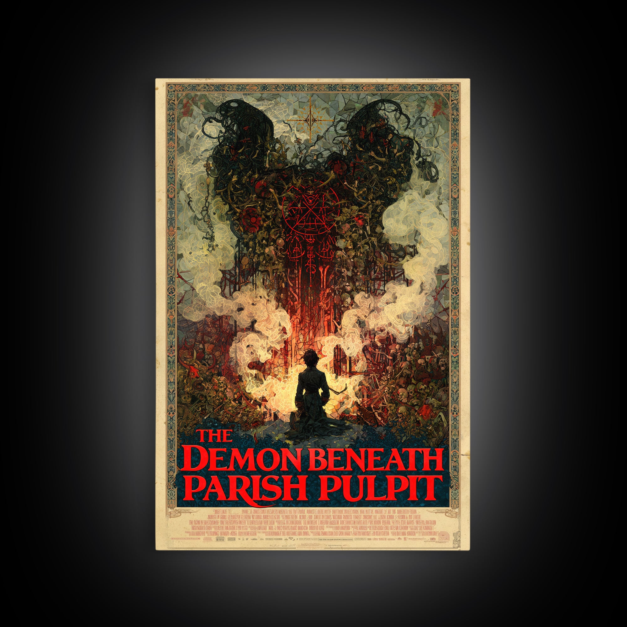 The Demon Beneath The Parish Pulpit, English Language Horror Movie Poster, Stained Glass Gothic Art, Gothic Cinema Wall Art, Canvas Print