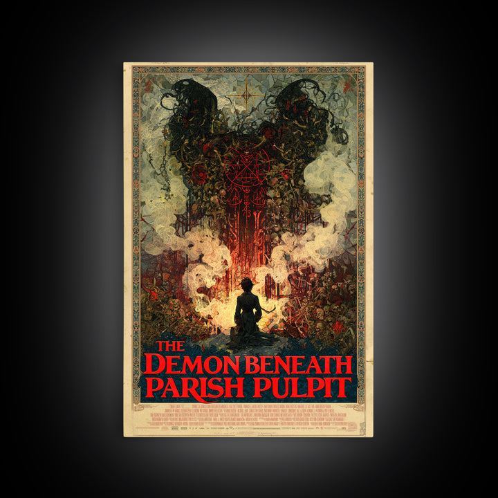 The Demon Beneath The Parish Pulpit, English Language Horror Movie Poster, Stained Glass Gothic Art, Gothic Cinema Wall Art, Canvas Print