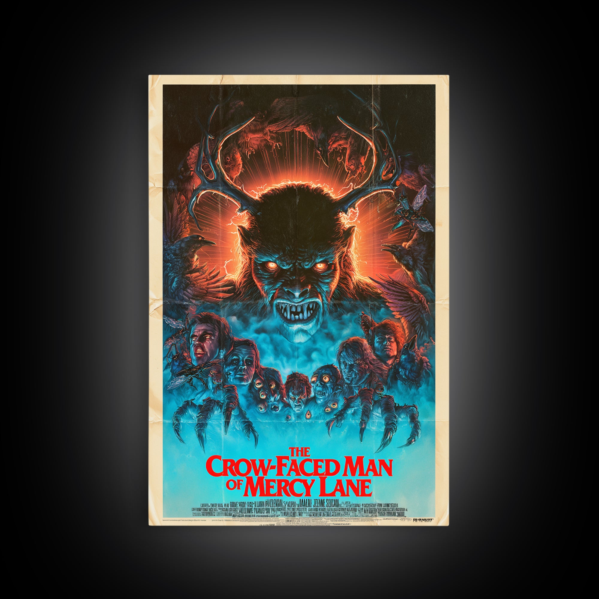 The Crow-Faced Man Of Mercy Lane, English Language Horror Movie Poster, 1980s Vhs Nightmare Cover Inspired Art, Classic Monster Poster