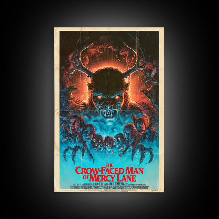 The Crow-Faced Man Of Mercy Lane, English Language Horror Movie Poster, 1980s Vhs Nightmare Cover Inspired Art, Classic Monster Poster