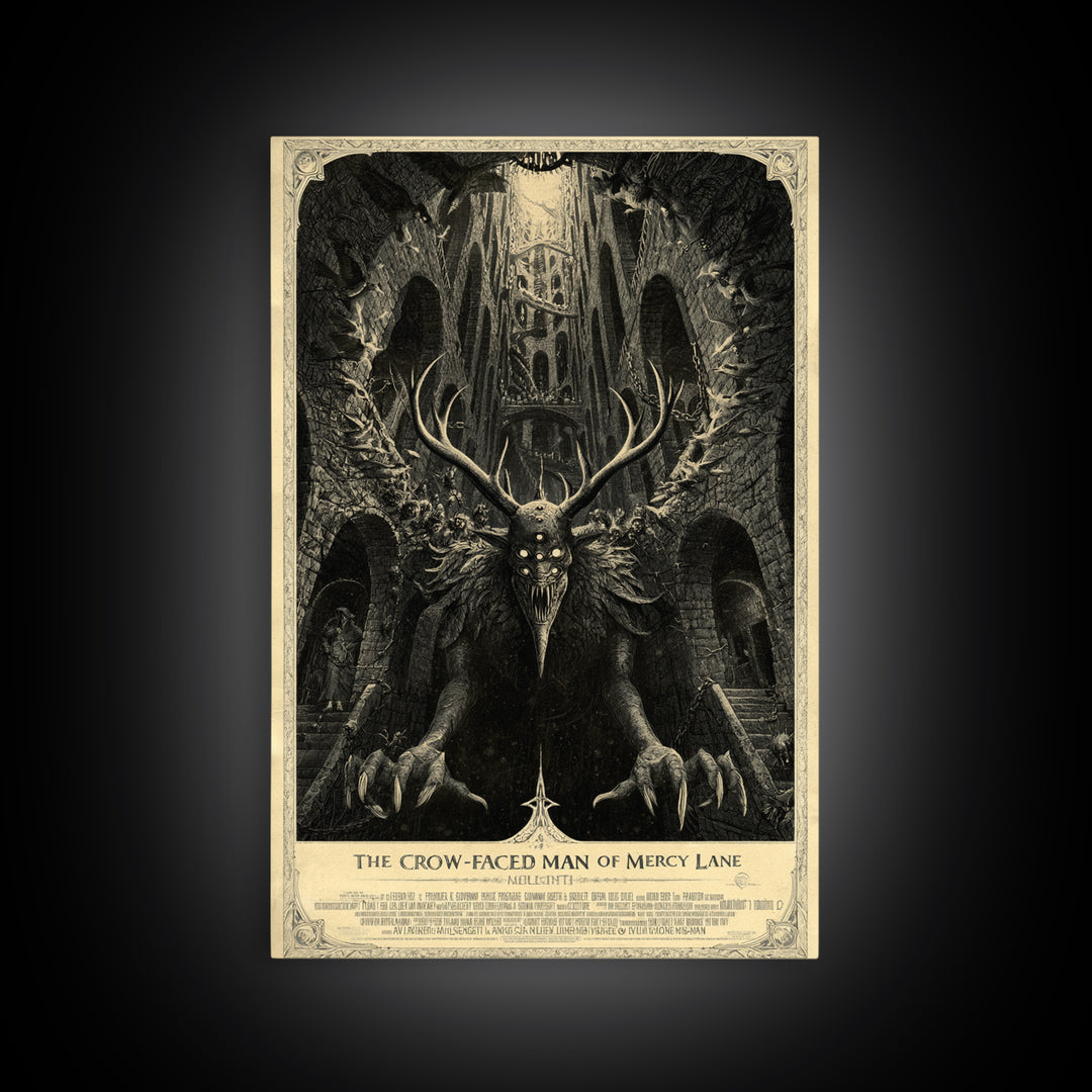 The Crow-Faced Man Of Mercy Lane, English Language Horror Movie Poster, Architectural Etching Art, Classic Monster Poster