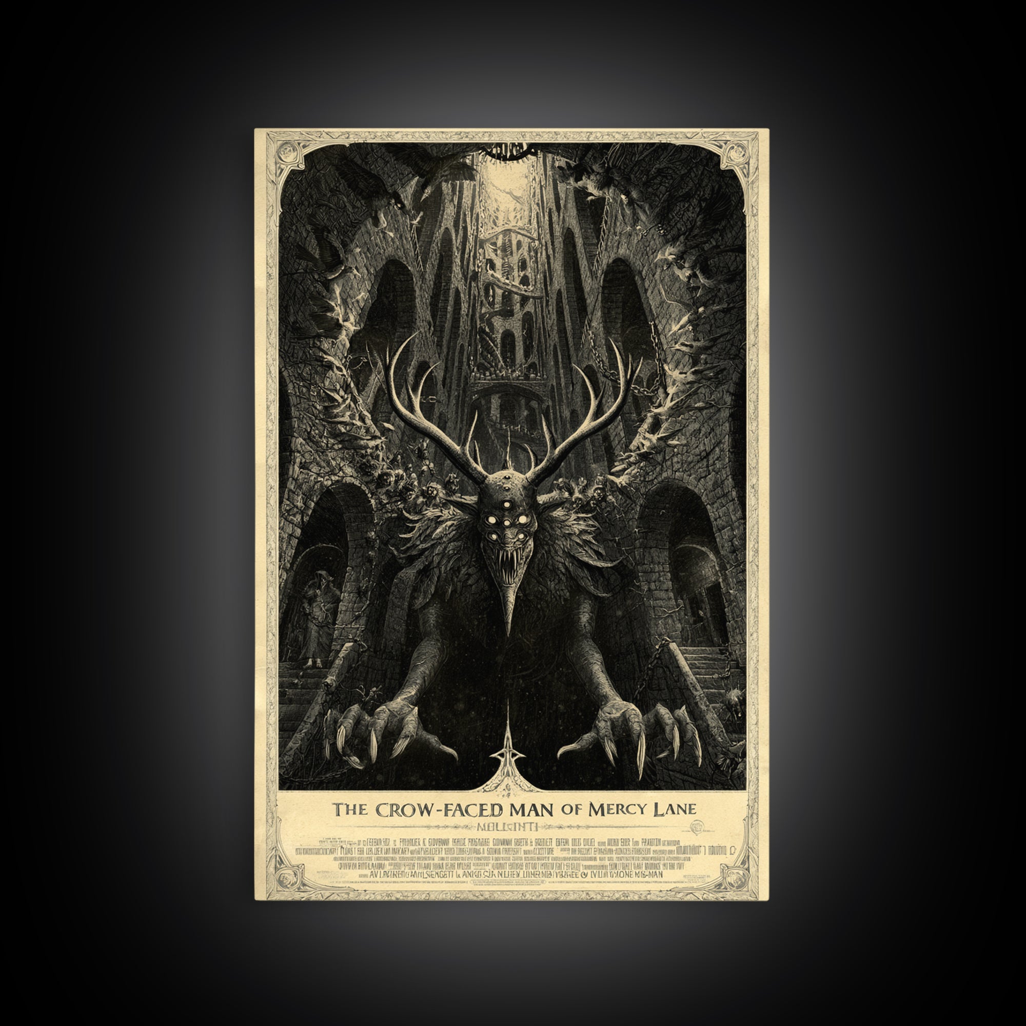 The Crow-Faced Man Of Mercy Lane, English Language Horror Movie Poster, Architectural Etching Art, Classic Monster Poster