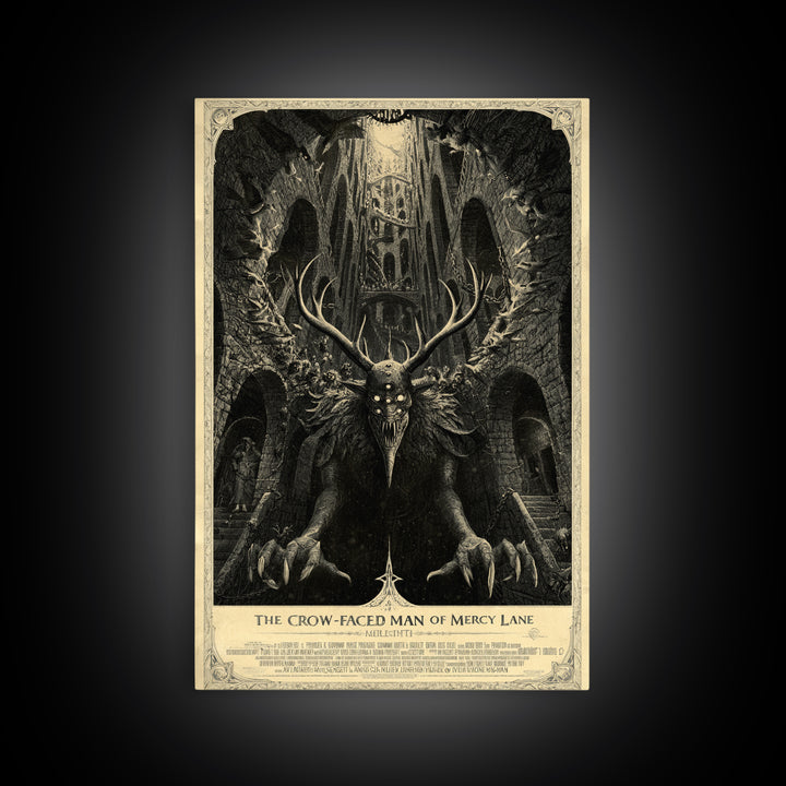 The Crow-Faced Man Of Mercy Lane, English Language Horror Movie Poster, Architectural Etching Art, Classic Monster Poster