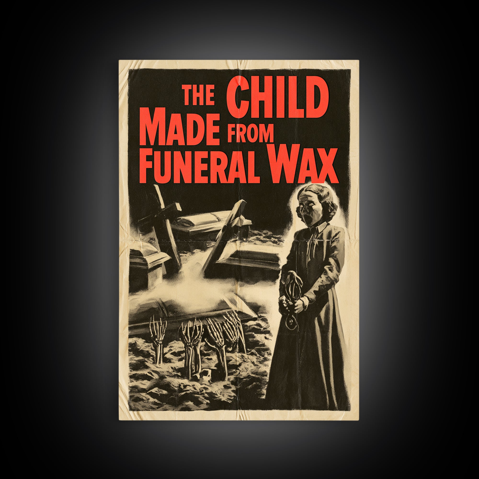 The Child Made From Funeral Wax, English Language Horror Movie Poster, 1950s Creature-Feature One-Sheet Inspired Art, Gothic Cinema Wall Art
