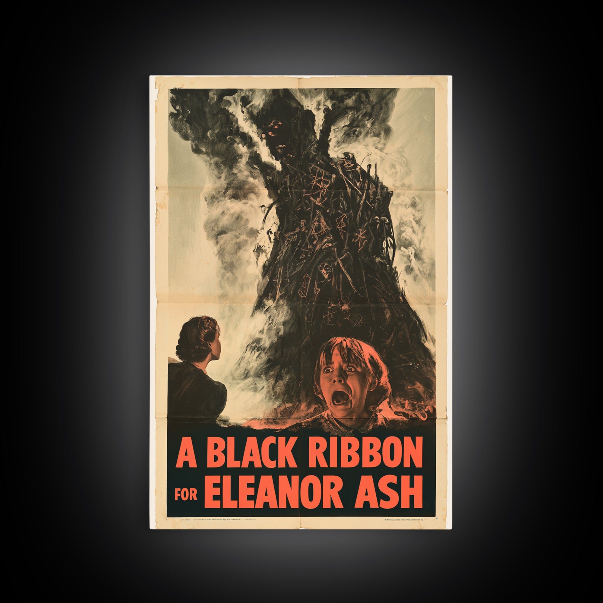 A Black Ribbon For Eleanor Ash, English Language Horror Movie Poster, 1950s Creature-Feature One-Sheet Inspired Art, Retro Horror Movie Art