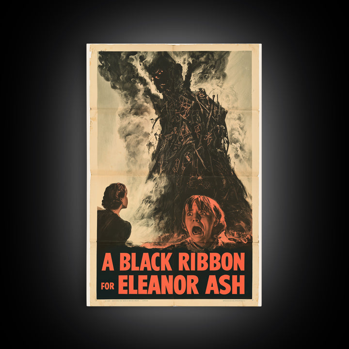 A Black Ribbon For Eleanor Ash, English Language Horror Movie Poster, 1950s Creature-Feature One-Sheet Inspired Art, Retro Horror Movie Art