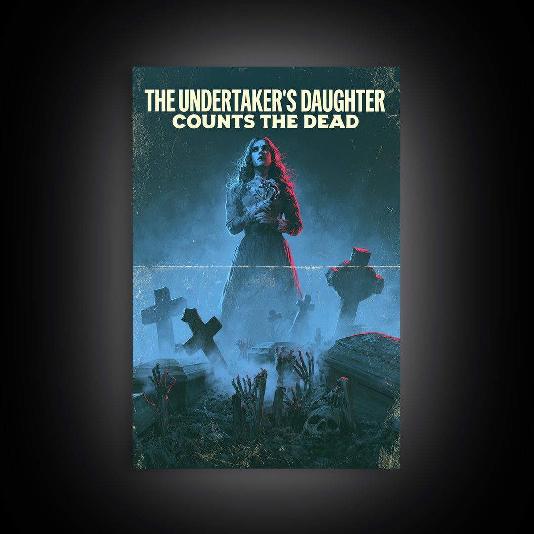 The Undertaker'S Daughter Counts The Dead, English Language Horror Movie Poster, 1980s Vhs Nightmare Cover Inspired Art, Framed Canvas Print
