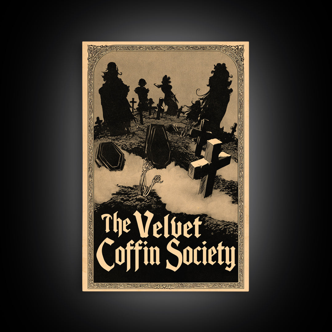 The Velvet Coffin Society, English Language Horror Movie Poster, Decadent Line Art, Gothic Cinema Wall Art, Framed Canvas Print