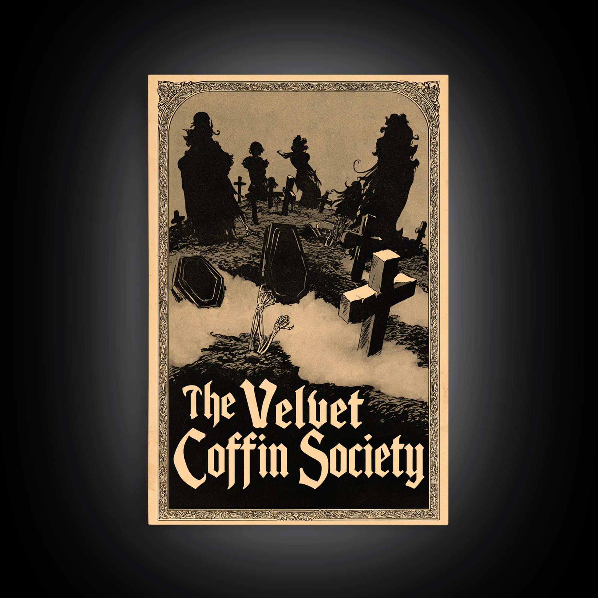 The Velvet Coffin Society, English Language Horror Movie Poster, Decadent Line Art, Gothic Cinema Wall Art, Framed Canvas Print